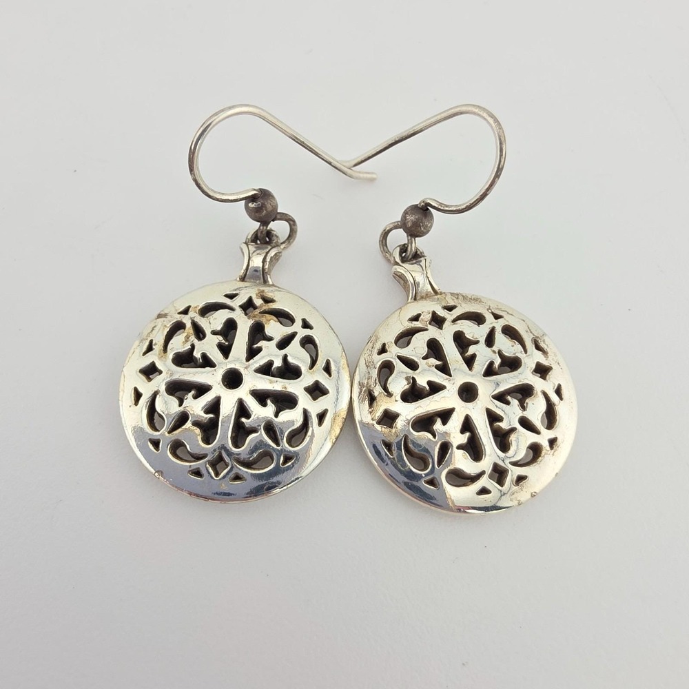 BRIGHTON 'Ferrara' Earrings Open Rose Window Medallions Dangle Drop Silver Plate